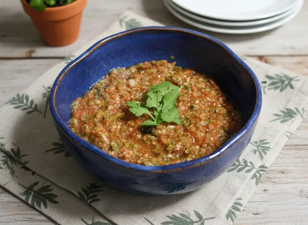 Bowl of homemade smoky four-pepper salsa made with roasted tomatoes and mixed peppers
