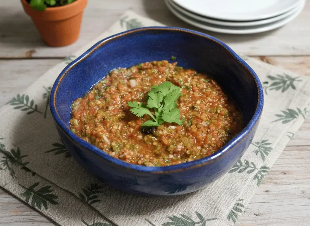 Bowl of homemade smoky four-pepper salsa made with roasted tomatoes and mixed peppers